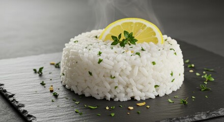 Steaming Lemon Rice with Herb Garnish - Freshly cooked white rice, delicately seasoned with herbs, topped with a zesty lemon wedge. Symbolizing freshness, purity, health, flavor, and simplicity