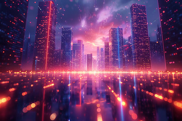 Obraz premium A futuristic cityscape at twilight, glowing with vibrant neon lights and shimmering reflections, creating a magical and dreamy atmosphere.