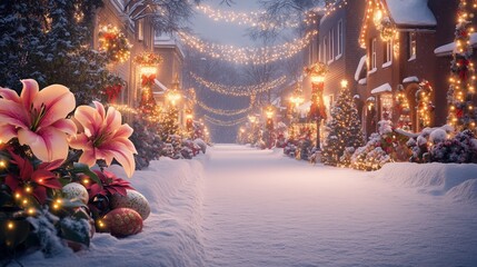 A snowy street with Christmas lights, Easter lilies, and New Year's decorations.