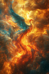 Cosmic phoenix rising in space flames &ndash; fantasy bird in nebula firestorm