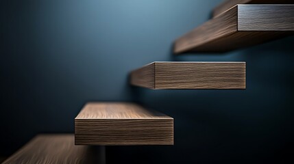Modern wooden staircase steps ascending against a dark wall, showcasing elegant design and craftsmanship