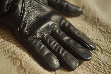 leather glove design, a black leather glove with a cozy lining is shown on a beige surface, emphasizing its soft texture with slight creases