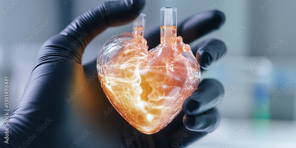 Poster hand holding translucent model of heart glowing with light in laboratory environment. modern lab wit