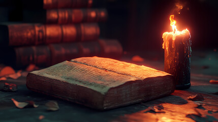 Ancient book with a burning candle, suggesting knowledge or lore from the past. Obscured Past. Illustration