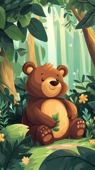 Cute bear sits in lush jungle foliage