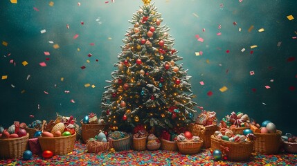 A Christmas tree surrounded by Easter baskets and New Year's confetti.