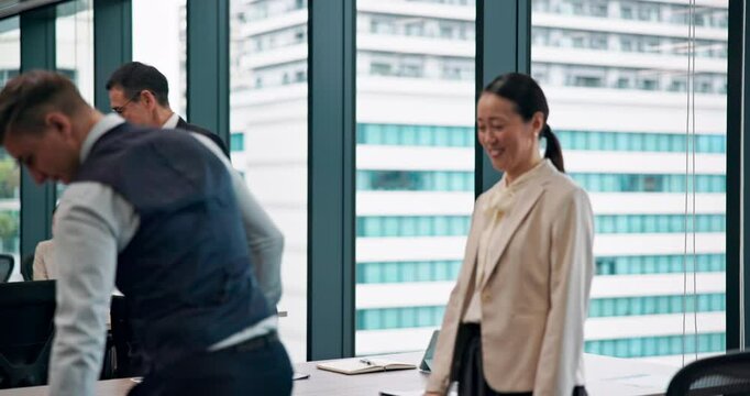 Handshake, Japanese people and talking in office, client and thank you for meeting, respect and bow. Happy, professional and colleagues with mature man, welcome and funding for business and Japan