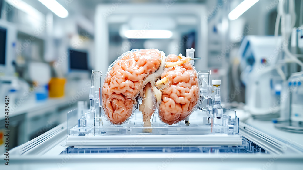 Aufkleber human brain specimen displayed on clear platform in high-tech laboratory. bright environment with ad