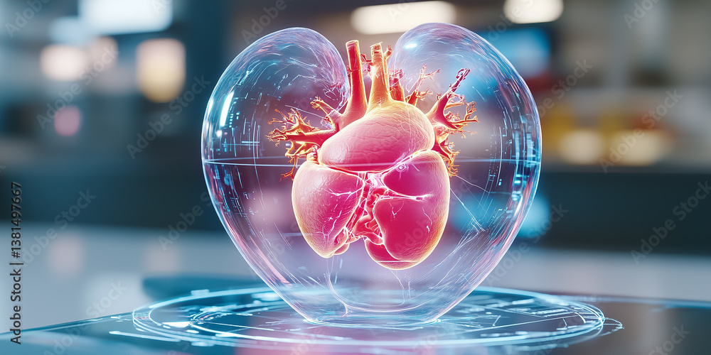 Poster holographic heart model displayed prominently in modern medical lab with advanced technology. clean 