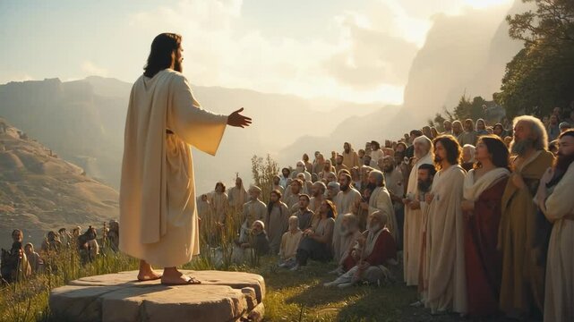 Jesus stands before a diverse crowd, speaking with compassion and wisdom as people of all ages and backgrounds listen attentively.


