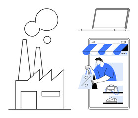 Factory with smoke, laptop, and smartphone showing person shopping online. Ideal for e-commerce, manufacturing, online shopping, technology, consumer behavior digital economy business growth. Blue