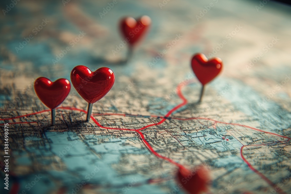Poster map with red hearts on it valentine's day concept selective focus location marking with a pin on a m