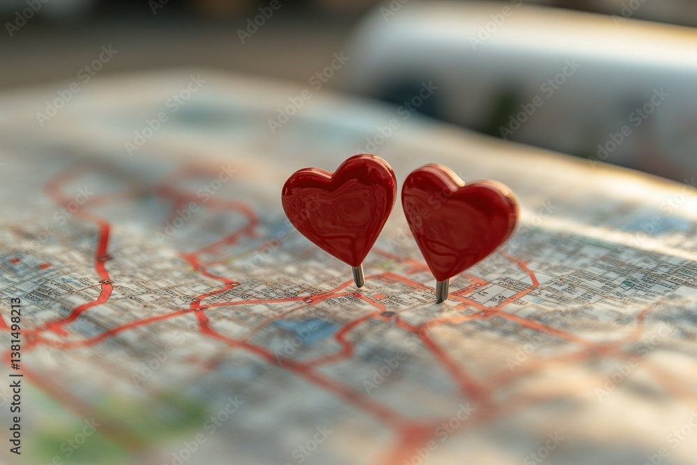 Poster map with red hearts on it valentine's day concept selective focus location marking with a pin on a m
