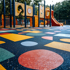 Colorful playground with slides and climbing structures.