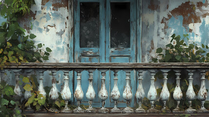 This rustic balcony adorned with peeling paint and weathered wood offers a glimpse into the charm of past eras, evoking emotions of nostalgia and timeless beauty. Obscured Past. Illustration
