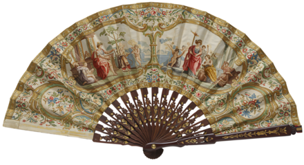 Antique Hand Fan with Classical Scene and Intricate Woodwork