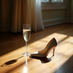 A glass of sparkling champagne sits next to a beige stiletto heel on a wooden floor. Sunlight pours through a window in the background, casting soft, warm shadows across the scene. 