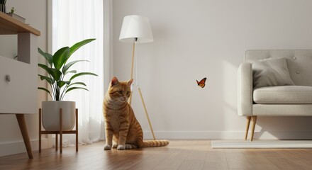 Curious Cat Watching Butterfly Indoors - A ginger cat sits observing a butterfly in a minimalist indoor setting. The scene symbolizes peace, curiosity, nature, domesticity, and tranquility