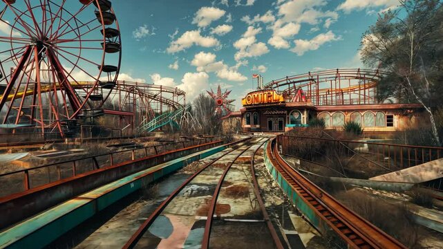 Neglected amusement park with rusted rides and empty pathways, echoing past vibrancy