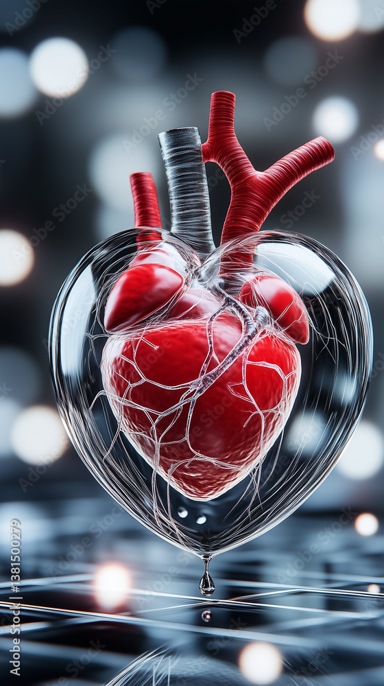 Poster 3d heart model displayed in transparent design emphasizing cardiovascular structure. set against abs