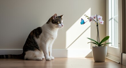 Cat Watching Butterfly Near Orchid Plant - A curious cat sits observing a blue butterfly near a blooming orchid. This symbolizes serenity, curiosity, nature, domestic life, and beauty