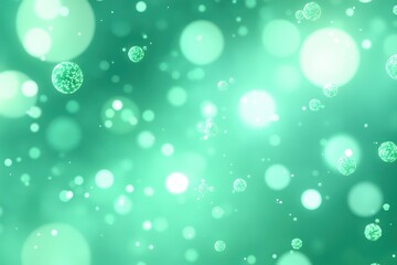 A vibrant background with glowing green molecules and bubbles floating against a soft gradient of teal to white