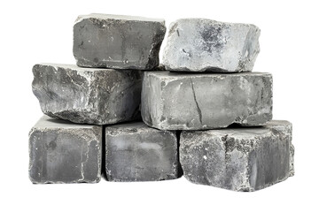 Pile of concrete blocks with rough texture and visible imperfections isolated on png or transparent or white backgroud.