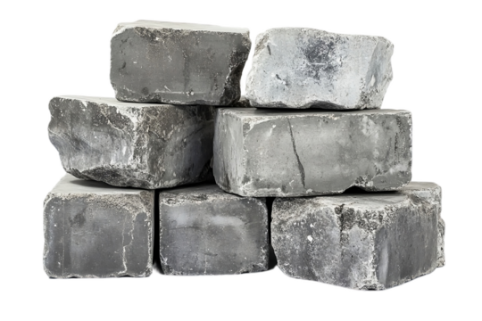 Pile of concrete blocks with rough texture and visible imperfections isolated on png or transparent or white backgroud.