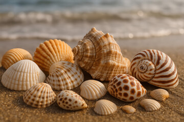 Seashell Collection on Sandy Beach by the Ocean


