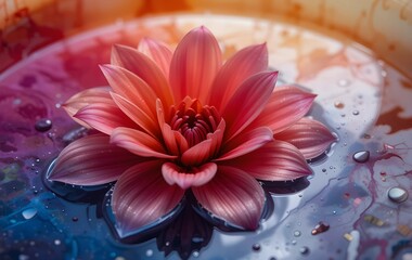 Delicate flower submerged in colored liquid allowing the dye to soak into its petals, pink flower in colorful liquid