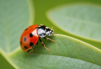 Ladybug featuring a bright red shell with black spots, and the green leaf provides a natural background. The focus highlights the details of the ladybug and the texture of the leaf.