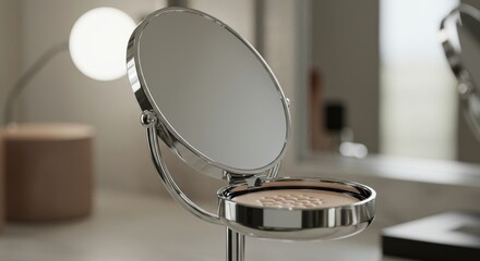 Elegant Compact Mirror with Powder - A close-up shot of an elegant chrome compact mirror with a beige powder compact, set against a blurred modern bathroom background