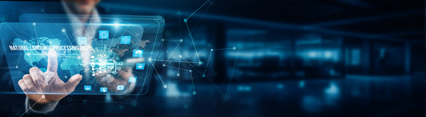 Businessman's hand is touching the virtual graphical interface of Natural Language Processing to enable text analysis, automate language translation, sentiment detection, and streamline communication.