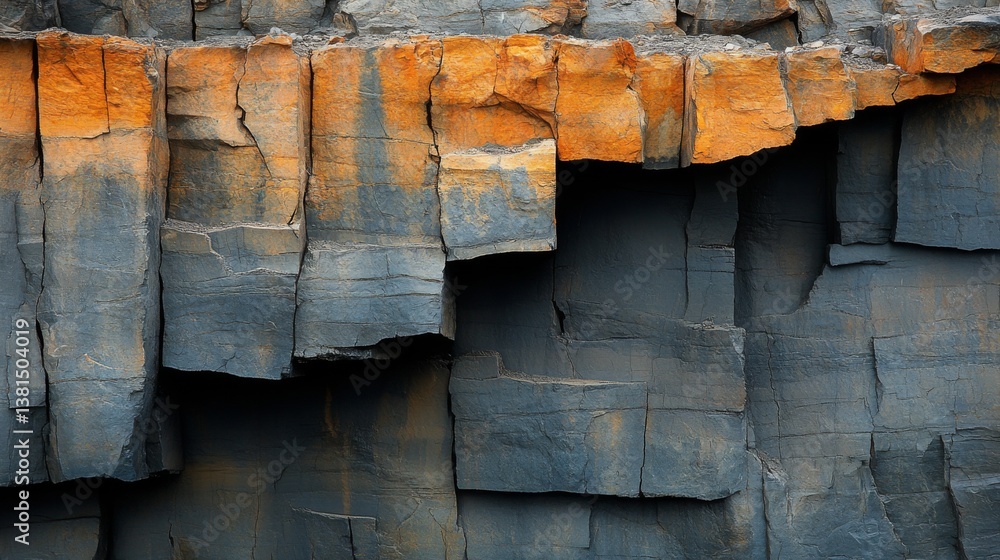 Poster massive rock formations exposed in a quarry reveal distinct layers of minerals, highlighting the ext