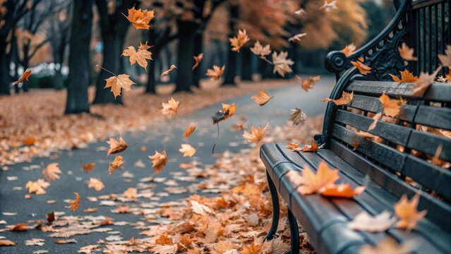 Autumn winds blowing through orange and yellow leaves in a serene park nature scene tranquil moment atmospheric perspective