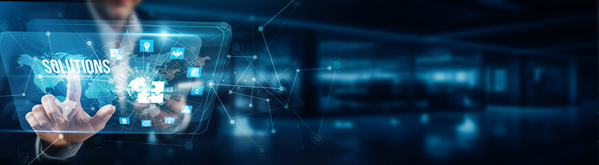 Businessman's hand is touching the virtual graphical interface of Solutions to address challenges, streamline operations, improve efficiency, enhance decision-making, and boost customer satisfaction.