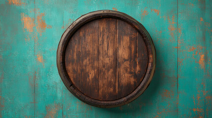 A circular wooden barrel against a textured turquoise background, showcasing rustic charm and vintage aesthetics.