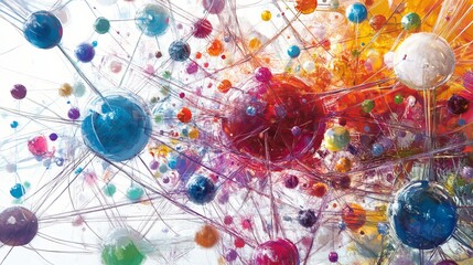 Abstract network of colorful spheres connected by lines in a complex arrangement of connections