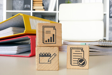 Folders with reports and accounting symbols. Financial analysis.