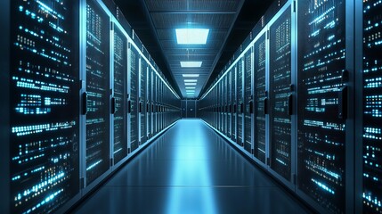 A long server room hallway with rows of server racks illuminated by blue lights and ceiling panels