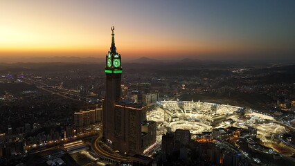 Aerial view Mecca skyline , Makkah city Saudi Arabia -  Makkah Clock Tower and hotels  - Masjid Al Haram drone photo