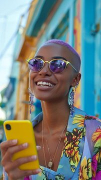digital lifestyle African woman with violet hair, rocking a cool modern urban style with smartphone internet connected to social media with her yellow smartphone
