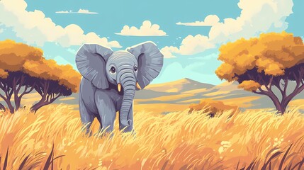 Fototapeta premium Baby elephant in African savanna landscape