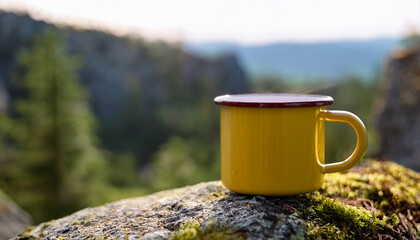 Obraz premium Minimalist enamel camp cup on rock, surrounded by breathtaking outdoor scenery. Mug for tea