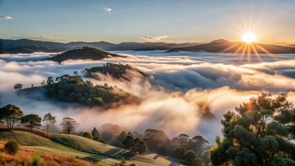 Fog rolling over hills at sunrise scenic landscape photography soft golden light breaking through the mist