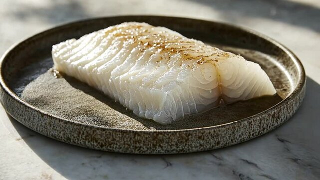 A beautifully cooked cod fillet with seasonings, presented on a rustic ceramic plate.