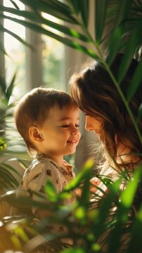 A mother and her son playfully enjoying motherhood among the plants at home on Mothers Day and Childrens Day