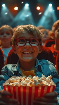 The cute and surprised boy kid child wearing glasses, eating popcorn, and watching a movie in the cinema