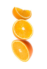 Fresh cut oranges falling on white background