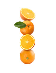 Fresh juicy oranges with green leaf falling on white background